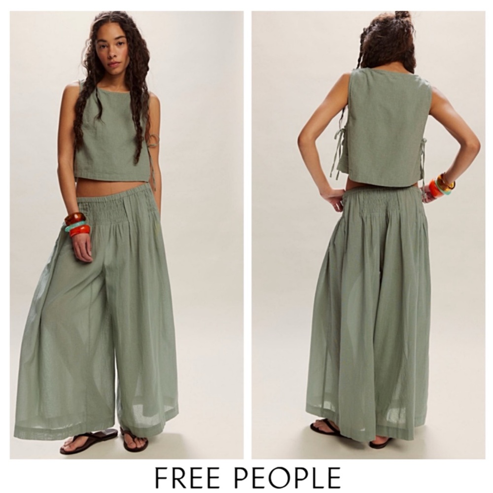 🔥NWTS! FREE PEOPLE Rising Sun Pants Lily Pad Billowy Wide-Leg Soft Green Large